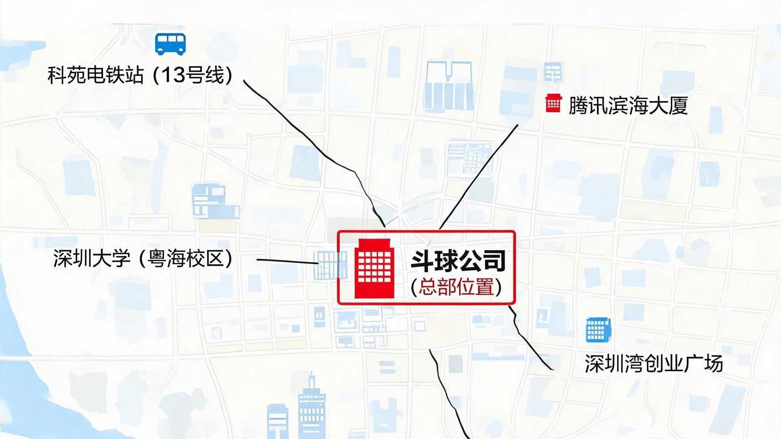 斗球公司位于深圳南山科技园的地图位置示意，标注了地铁站和周边建筑